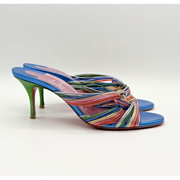 Christian Louboutin Blue & Pink Mettalic Mules Multitaski 70mm Sandals Sz 37 - Picture 5 of 13